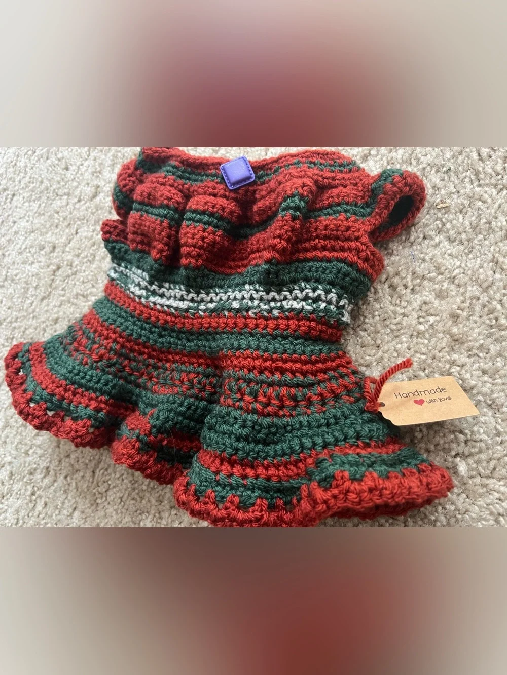 Hand-Crocheted Red & Green Doll Dress – Handmade Doll Outfit Size 10”